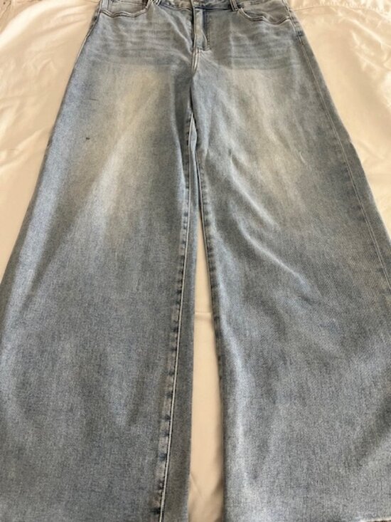 Risen Jeans Denim - Risen Jeans Light Wash Wide Leg High Rise Women's 2XL Distressed Stretch Denim